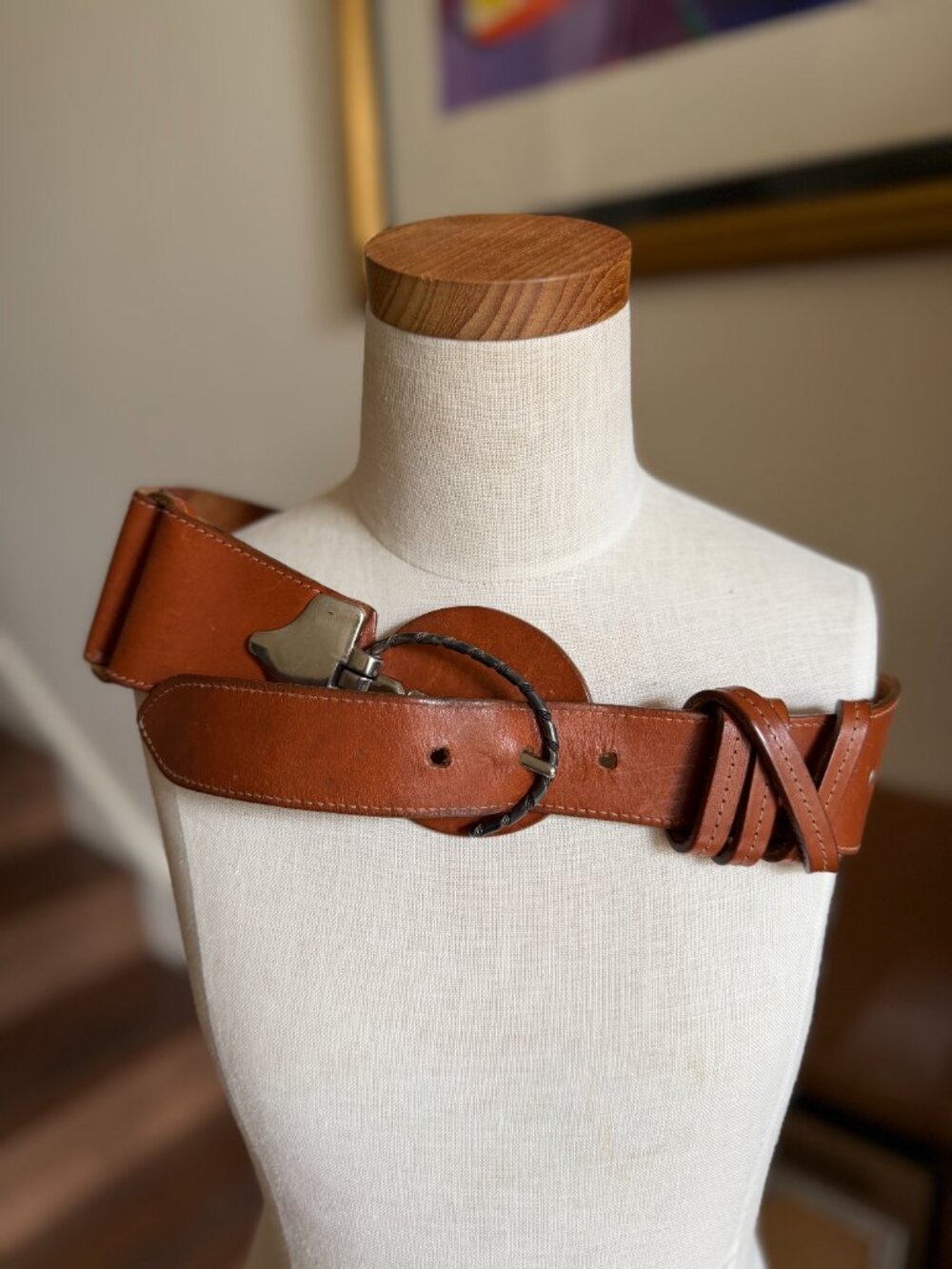 Vintage Nous-Deux Italian Genuine Leather Cognac Wide Statement Belt